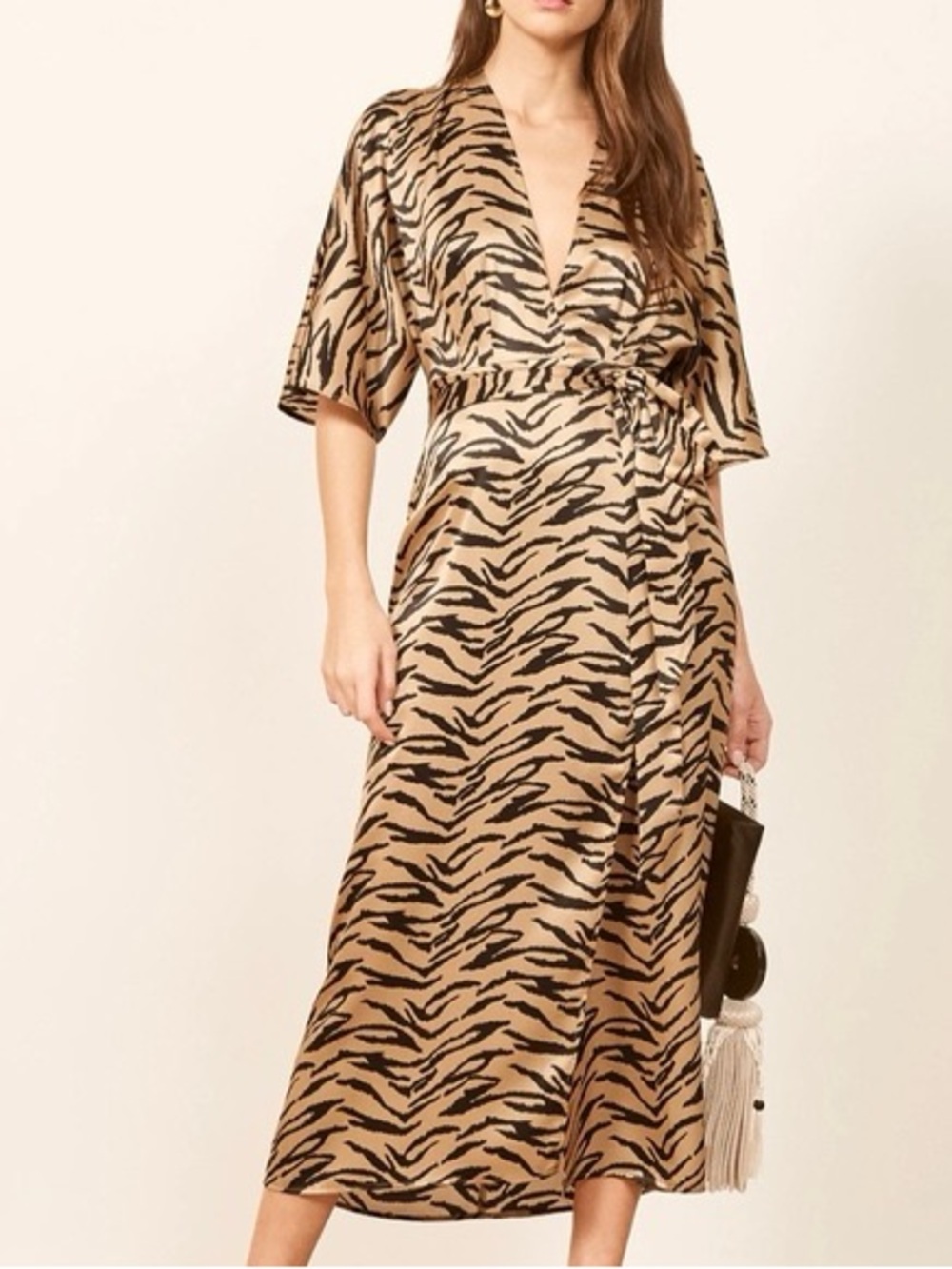 Reformation Heidi 100% Silk Slit Midi Dress Tiger Animal Print Wrap Size 0